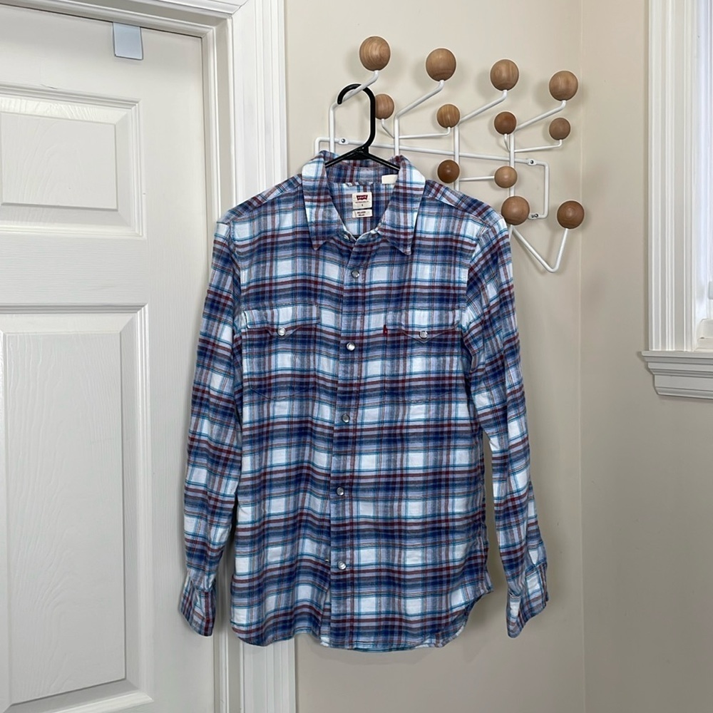 Levi's - Western Plaid Pearl Button Down Shirt - Red Blue - Relaxed Small
